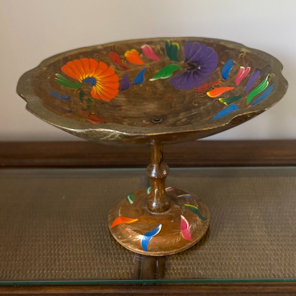 Vintage Tole Painted Handcrafted Wood Pedestal Bowl Retro 14 Inch
